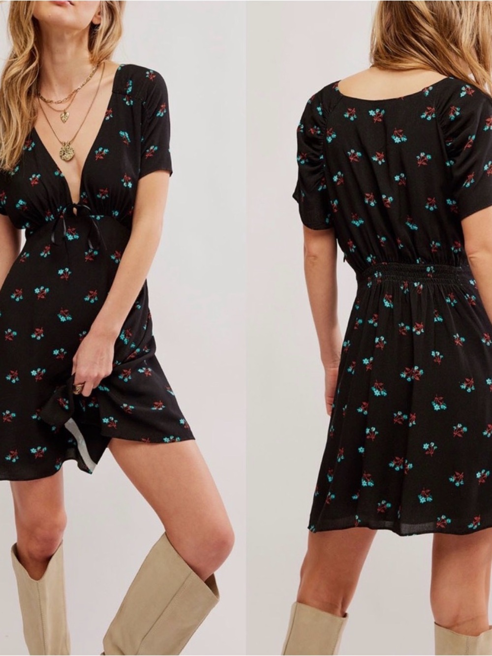 NWT Free People Black Floral Tie-Front Favorite Dress. Medium